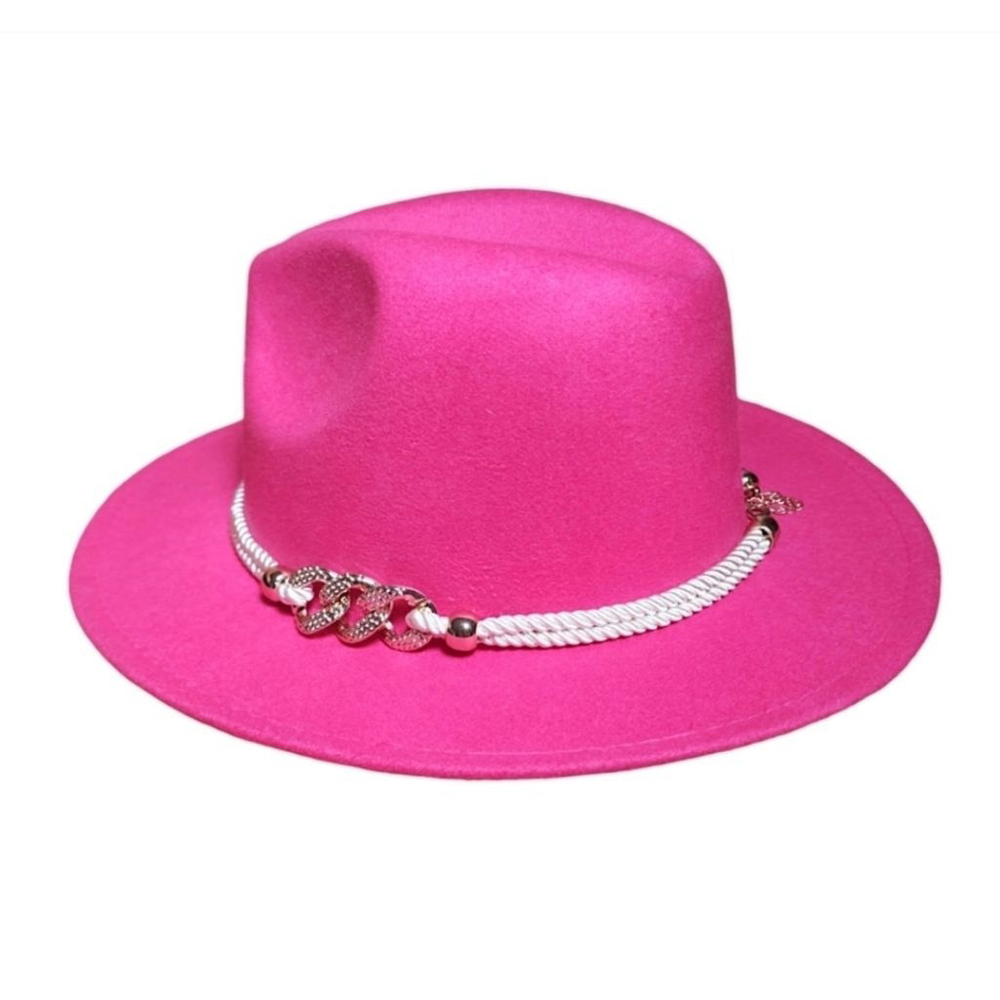 Lady Fashion Wide Brim Felt Fedora Hat Gold Chain Hot Pink Adjustable Halloween